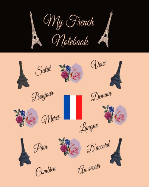 Book cover of 'My French Notebook' having little photos of Eiffel Tower, France flag, flowers and a few common french words